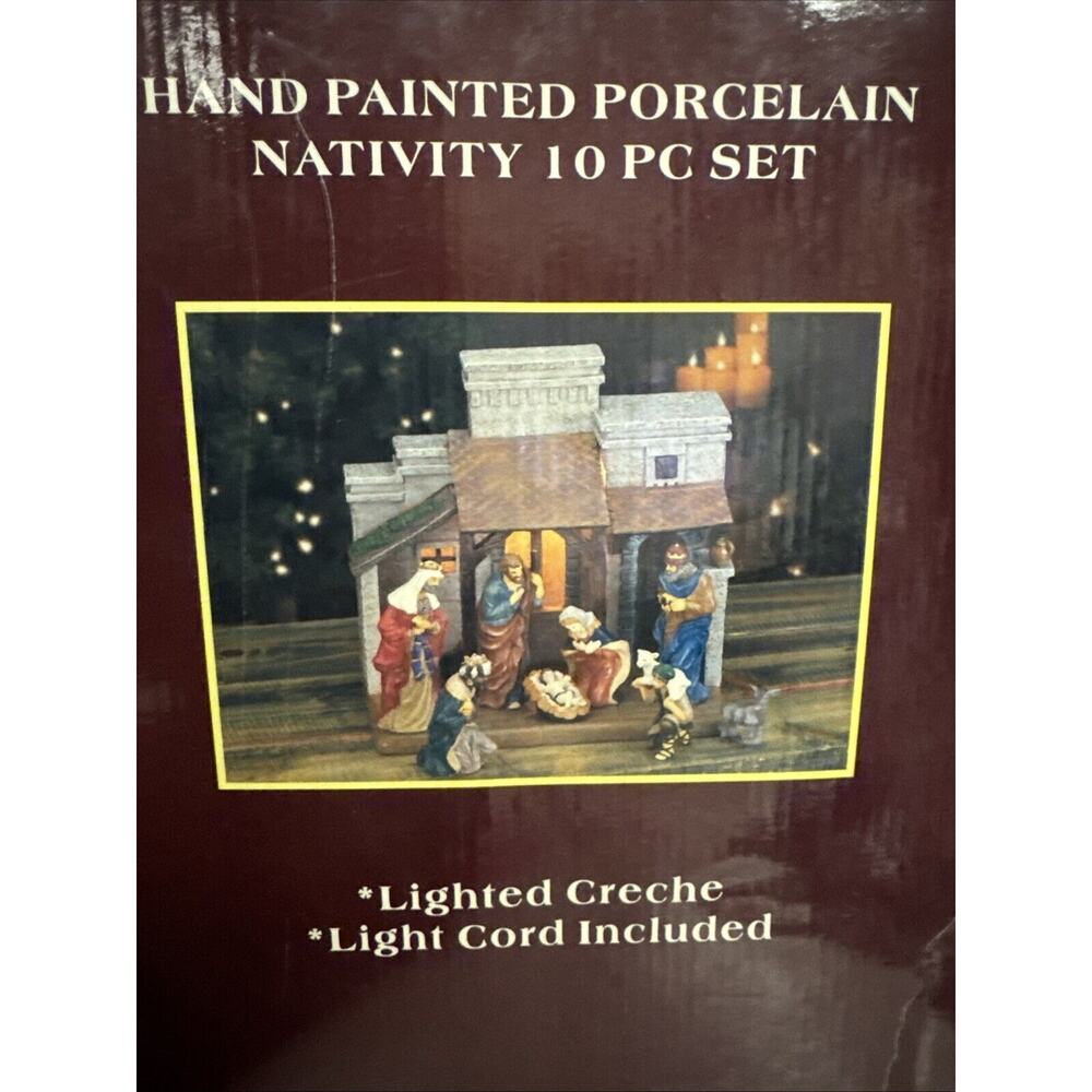 Vtg Kirkland Nativity Set Hand‎ Painted Porcelain Lighted Creche Christmas *read